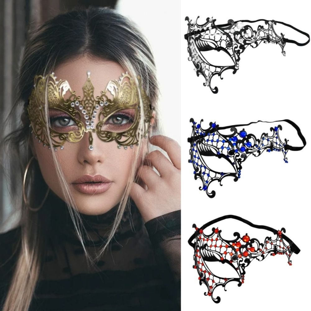 Mask Lanyard Adjustable - ベネチアンハロウィンハーフフェイスマスクヴィンテージ弾性バンドブラックレースメタルマスク中空手作り仮面舞踏会プリンセスマスク