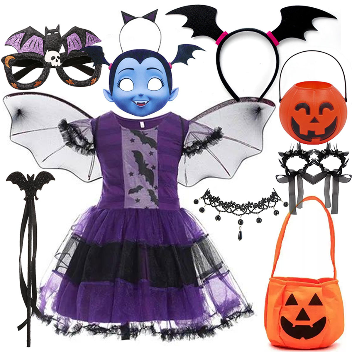 Kids Face Mask - 女の子用ハロウィン吸血鬼コスチュームドレス 翼付きマスク パンプキンバケットアクセサリーセット キッズパープルウィッチコスプレパーティー衣装