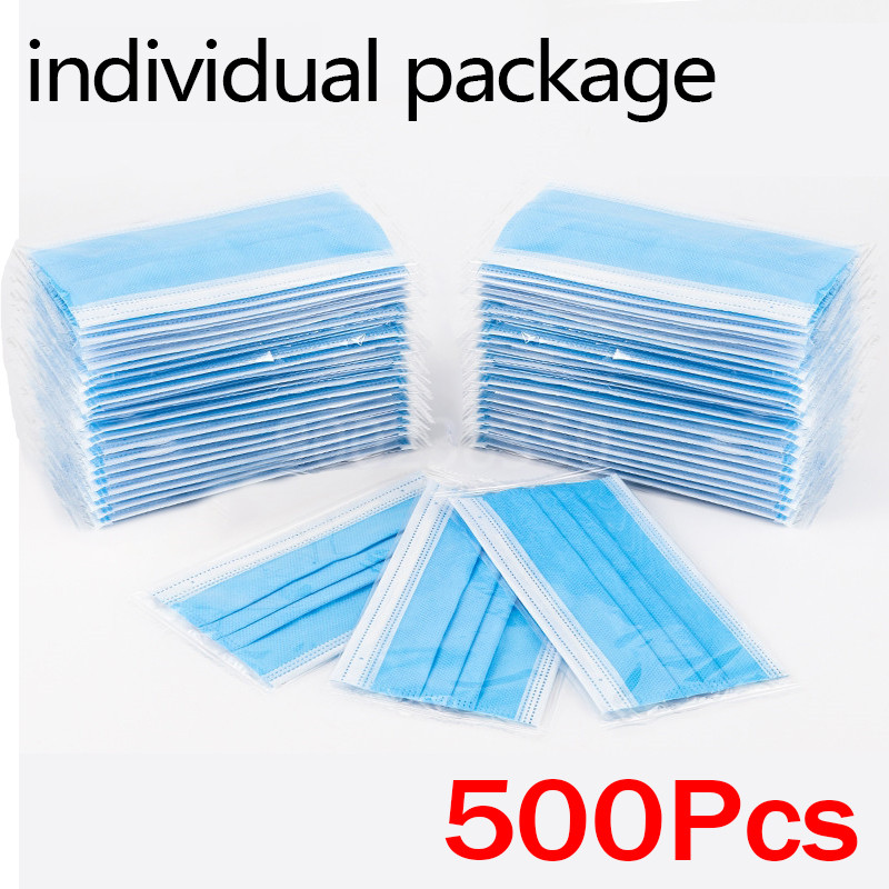 Disposable Mask Blue - 10～500個入り、使い捨て、大人用、個別包装、フィルター付き、メルトブローン不織布製、ブルー、通気性、保護マスク。