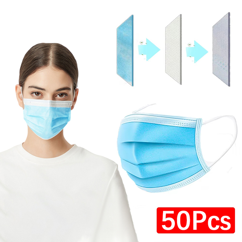 50 個 3 層マスクフェイスマスクメルトブローン布使い捨て - Disposable Mask Blue のレビューと価格